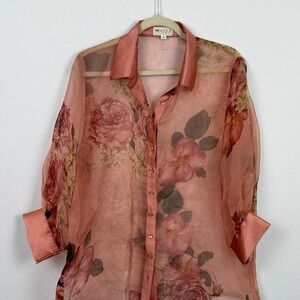 Minoque Couture pink sheer floral blouse with button up front and long sleeves.